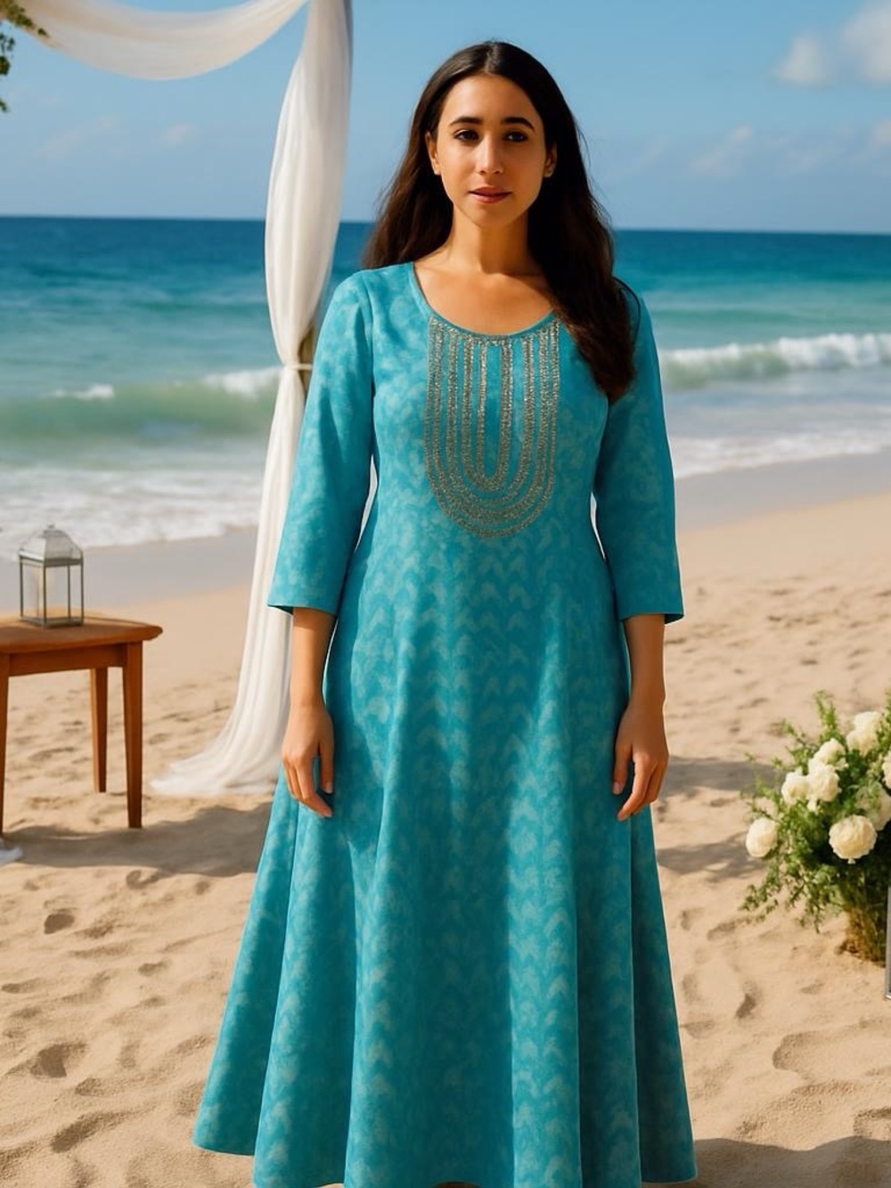 AVAASA Turquoise Kurta with Yoke Embroidery Rayon‎ Ethnic Pakistan Indian Sz S